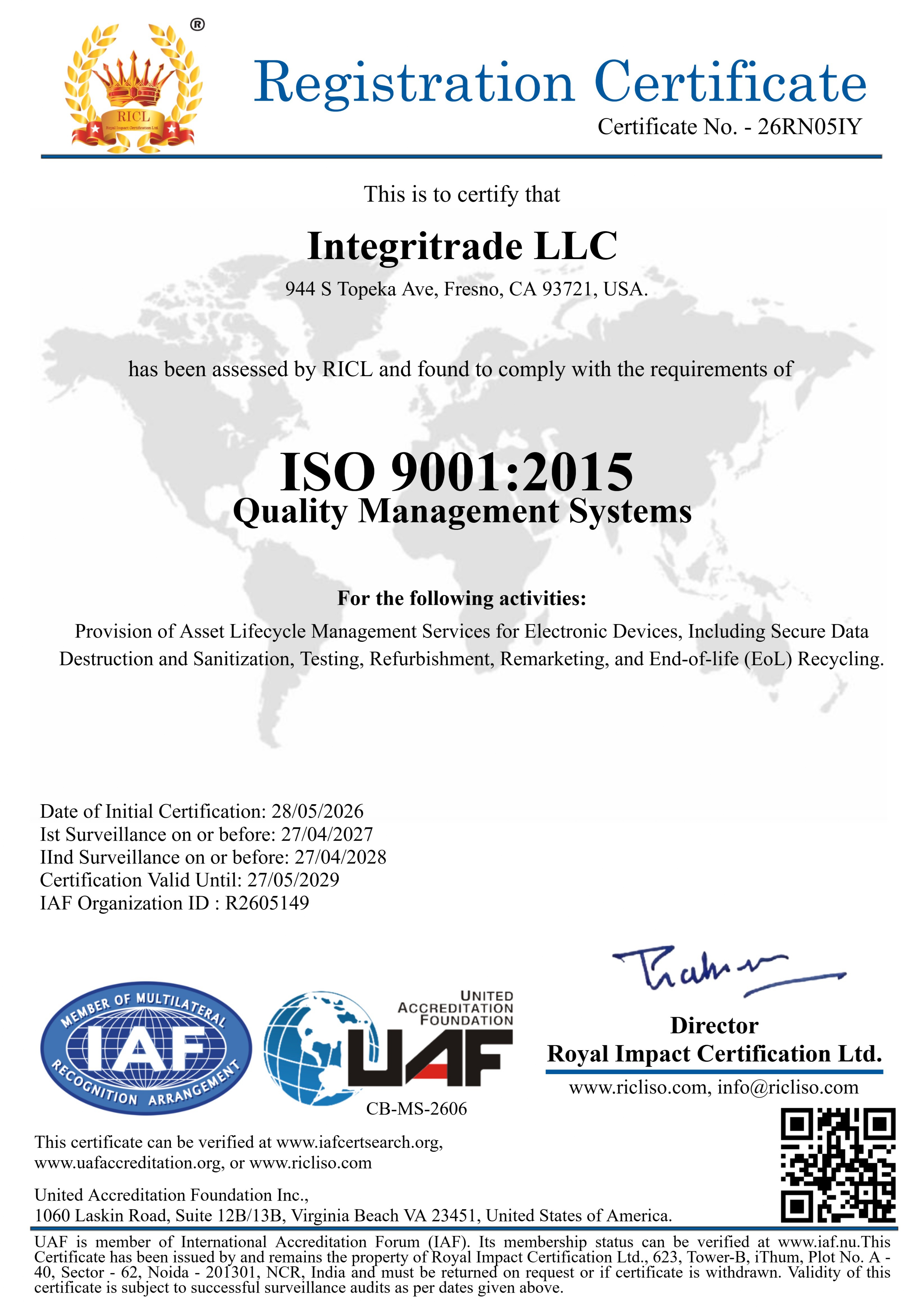 Royal Impact Certification Ltd. ISO 9001 Certificate